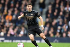 LONDON, ENGLAND - MARCH 12: Kieran Tierney of Arsenal during the Premier League match between Fulham FC and Arsenal FC at Craven Cottage on March 12, 2023 in London, England. (Photo by David Price/Arsenal FC via Getty Images)