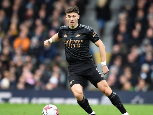 LONDON, ENGLAND - MARCH 12: Kieran Tierney of Arsenal during the Premier League match between Fulham FC and Arsenal FC at Craven Cottage on March 12, 2023 in London, England. (Photo by David Price/Arsenal FC via Getty Images)
