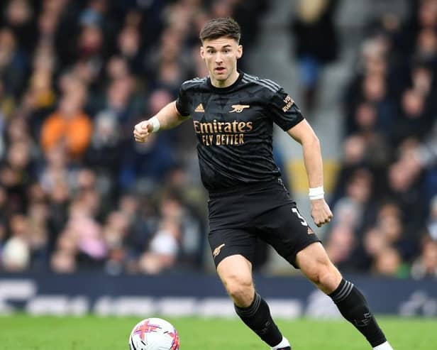 LONDON, ENGLAND - MARCH 12: Kieran Tierney of Arsenal during the Premier League match between Fulham FC and Arsenal FC at Craven Cottage on March 12, 2023 in London, England. (Photo by David Price/Arsenal FC via Getty Images)