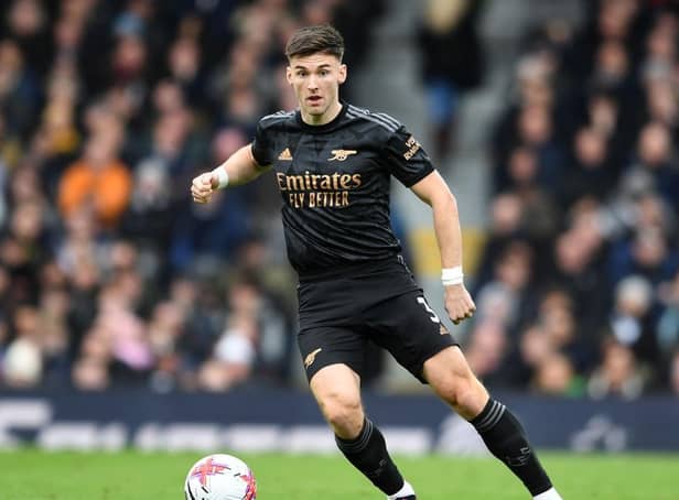 LONDON, ENGLAND - MARCH 12: Kieran Tierney of Arsenal during the Premier League match between Fulham FC and Arsenal FC at Craven Cottage on March 12, 2023 in London, England. (Photo by David Price/Arsenal FC via Getty Images)