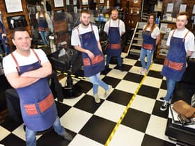 From left to right, Andrew Appleton, Liam Grant, Scott Drew, Lesley-Anne Round and Ryan Bartlett are ready to reopen at Stoney's Barber Shop.