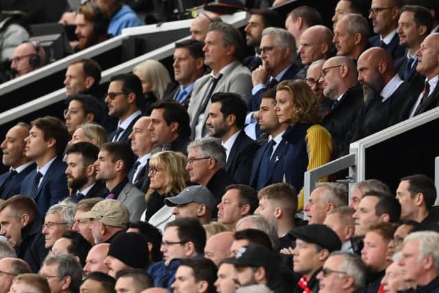 Newcastle United co-owners Mehrdad Ghodoussi, Jamie Reuben and Amanda Staveley at Old Trafford last month.