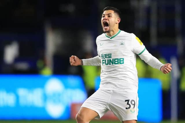 Newcastle United midfielder Bruno Guimaraes celebrates scoring at Hillsborough.