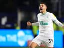 Newcastle United midfielder Bruno Guimaraes celebrates scoring at Hillsborough.