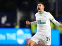 Newcastle United midfielder Bruno Guimaraes celebrates scoring at Hillsborough.