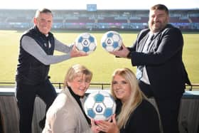 At the launch of the awards are, from left, Carl Mowatt, Operations Director of South Shields Football Club, Cllr Tracey Dixon, leader of South Tyneside Council, Mandy Morris, Principal of South Tyneside College and Simon Ashton, Principal of South Shields Marine School. Photo by Ian McClelland