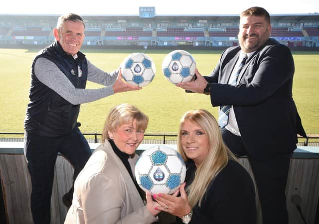 At the launch of the awards are, from left, Carl Mowatt, Operations Director of South Shields Football Club, Cllr Tracey Dixon, leader of South Tyneside Council, Mandy Morris, Principal of South Tyneside College and Simon Ashton, Principal of South Shields Marine School. Photo by Ian McClelland