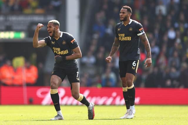 Joelinton of Newcastle United celebrates after scoring their side's first goal during the Premier League match between Norwich City and Newcastle United (Photo by Marc Atkins/Getty Images)