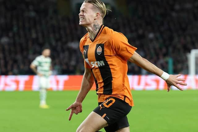 Mykhaylo Mudryk of Shakhtar Donetsk celebrates scoring their side's first goal during the UEFA Champions League group F match between Celtic FC and Shakhtar Donetsk at Celtic Park on October 25, 2022 in Glasgow, Scotland. (Photo by Ian MacNicol/Getty Images)