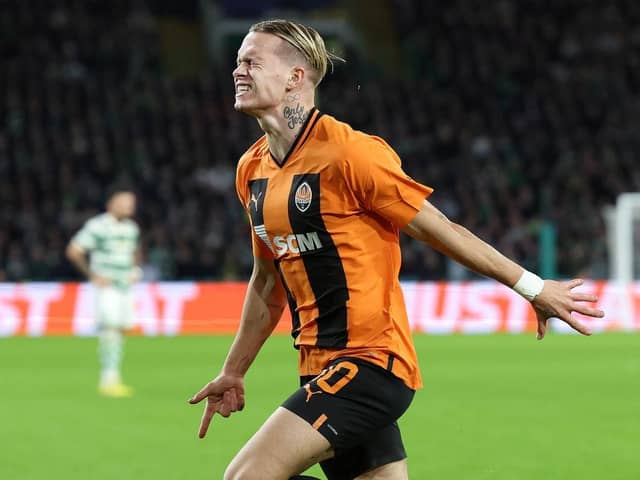 Mykhaylo Mudryk of Shakhtar Donetsk celebrates scoring their side's first goal during the UEFA Champions League group F match between Celtic FC and Shakhtar Donetsk at Celtic Park on October 25, 2022 in Glasgow, Scotland. (Photo by Ian MacNicol/Getty Images)