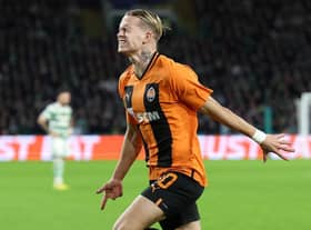Mykhaylo Mudryk of Shakhtar Donetsk celebrates scoring their side's first goal during the UEFA Champions League group F match between Celtic FC and Shakhtar Donetsk at Celtic Park on October 25, 2022 in Glasgow, Scotland. (Photo by Ian MacNicol/Getty Images)