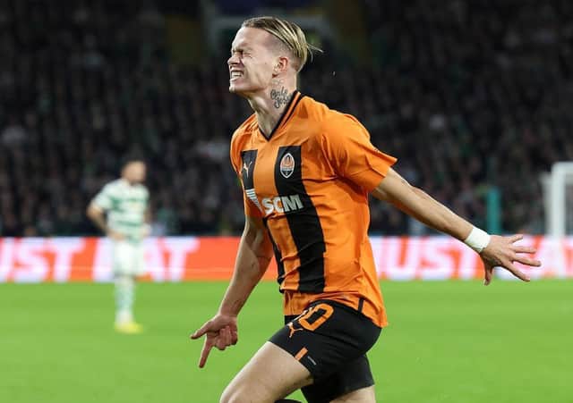 Mykhaylo Mudryk of Shakhtar Donetsk celebrates scoring their side's first goal during the UEFA Champions League group F match between Celtic FC and Shakhtar Donetsk at Celtic Park on October 25, 2022 in Glasgow, Scotland. (Photo by Ian MacNicol/Getty Images)