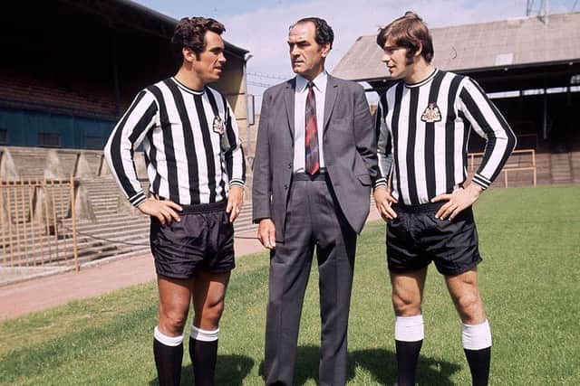 Newcastle United captain Bob Moncur, left, with manager Joe Harvey and Malcolm Macdonald in 1971. Moncur had lifted the Fairs Cup trophy two years earlier.
