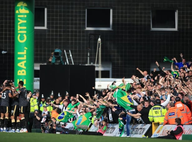 Bruno Guimaraes and his Newcastle United team-mates celebrate his goal at Carrow Road.