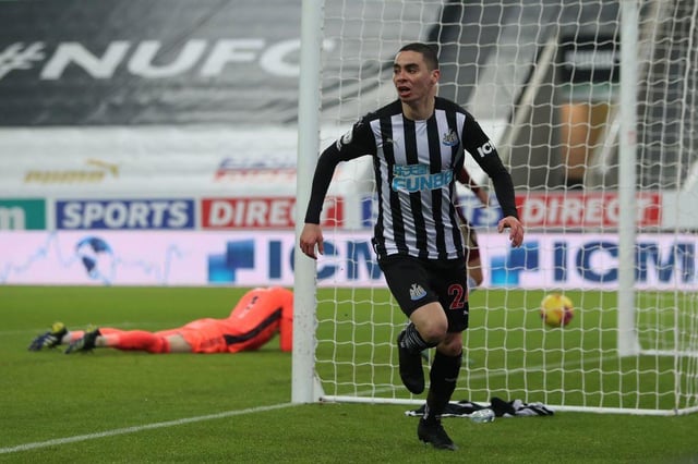 Miguel Almiron celebrates a goal against Leeds United.
