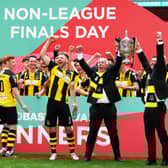 Hebburn Town's Michael Richardson, left, Louis Storey and chairman Vincent Pearson celebrate at Wembley. Picture: John Walton/PA Wire.