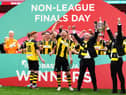 Hebburn Town's Michael Richardson, left, Louis Storey and chairman Vincent Pearson celebrate at Wembley. Picture: John Walton/PA Wire.