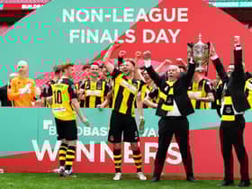 Hebburn Town's Michael Richardson, left, Louis Storey and chairman Vincent Pearson celebrate at Wembley. Picture: John Walton/PA Wire.