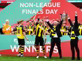 Hebburn Town's Michael Richardson, left, Louis Storey and chairman Vincent Pearson celebrate at Wembley. Picture: John Walton/PA Wire.