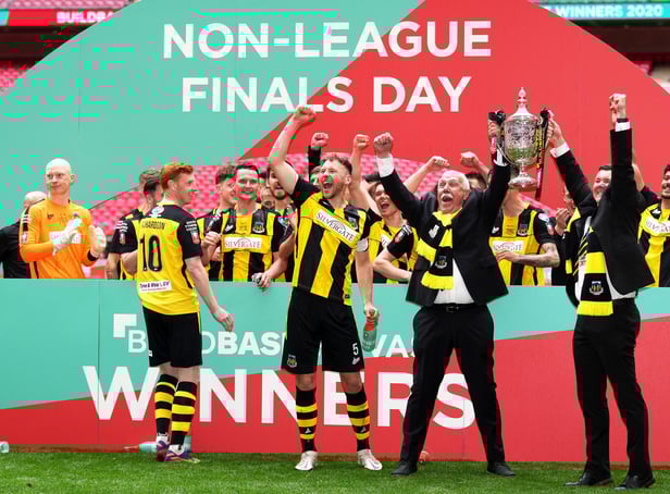 Hebburn Town's Michael Richardson, left, Louis Storey and chairman Vincent Pearson celebrate at Wembley. Picture: John Walton/PA Wire.