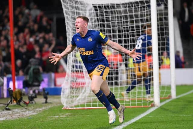 Elliot Anderson of Newcastle United celebrates after scoring the team's second goal which is later disallowed by VAR during the Premier League match between Nottingham Forest and Newcastle United at City Ground on March 17, 2023 in Nottingham, England. (Photo by Laurence Griffiths/Getty Images)