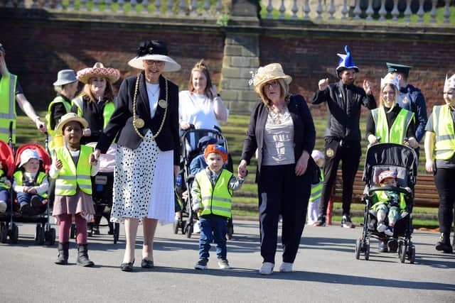 Nurserytime children and staff take part in Wear A Hat Day Parade in South Marine Park, with Mayor Pat Hay and Mayoress Jean Copp.
