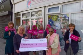 The Apna Ghar Minority Ethnic Women’s Centre, in Ocean Road, South Shields,  received a cheque for £91, 962 from the National Lottery Community Fund.
Pictured presenting the cheque is Catherine Stocks (2nd left) to Apna Ghar chair Shobha Srivasyava (3rd from left) with Susan Stevenson Apna Ghar Project Co-ordinator (left) and Tracey Dixon Leader South Tyneside Council (right).