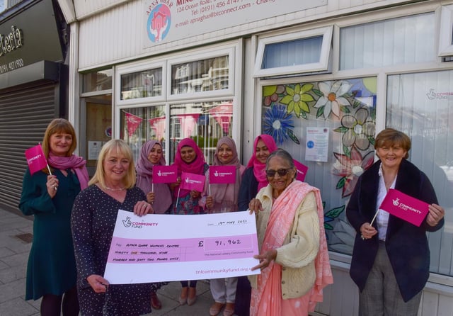 The Apna Ghar Minority Ethnic Women’s Centre, in Ocean Road, South Shields, received a cheque for £91, 962 from the National Lottery Community Fund.
Pictured presenting the cheque is Catherine Stocks (2nd left) to Apna Ghar chair Shobha Srivasyava (3rd from left) with Susan Stevenson Apna Ghar Project Co-ordinator (left) and Tracey Dixon Leader South Tyneside Council (right).