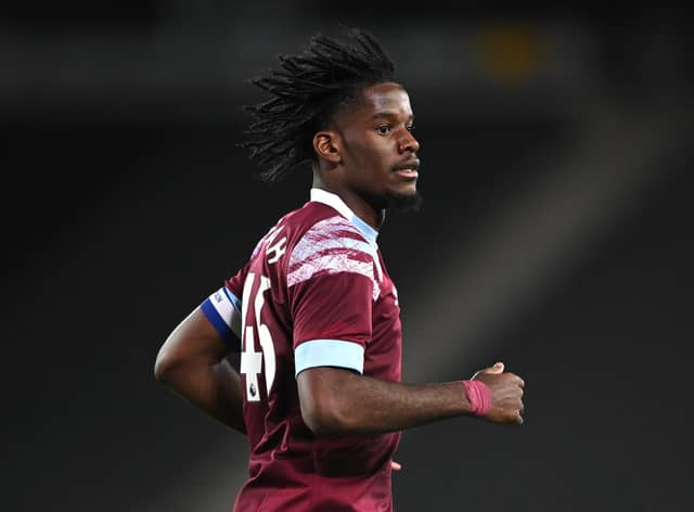 MILTON KEYNES, ENGLAND - OCTOBER 04:  Pierre Ekwah of West Ham United U21 during the Papa John's Trophy match between Milton Keynes Dons and West Ham United U21 at Stadium mk on October 04, 2022 in Milton Keynes, England. (Photo by Shaun Botterill/Getty Images)