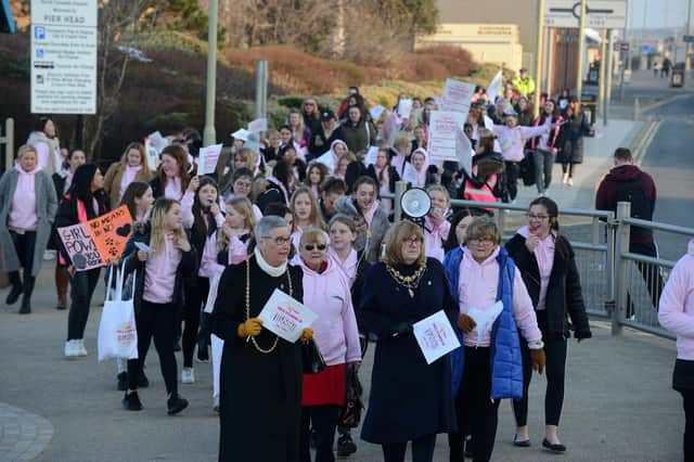 Bright Futures International Women's Day march through South Shields joined by Mayor of South Tyneside Cllr Pat Hay and Council Leader Cllr Tracey Dixon.