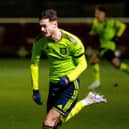 ROMFORD, ENGLAND - JANUARY 20: Joe Hugill of Manchester United in action during the Premier League 2 match between West Ham United and Manchester United at Rush Green on January 20, 2023 in Romford, England. (Photo by Ash Donelon/Manchester United via Getty Images)