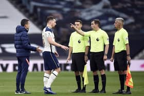Tottenham Hotspur's Pierre-Emile Hojbjerg approaches referee Peter Bankes after the Premier League match at Tottenham Hotspur Stadium.