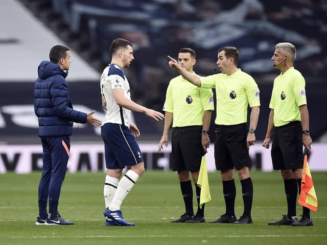 Tottenham Hotspur's Pierre-Emile Hojbjerg approaches referee Peter Bankes after the Premier League match at Tottenham Hotspur Stadium.