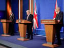 Chief Medical Officer, Sir Chris Whitty, Prime Minister, Boris Johnson and Chief Scientific Adviser, Sir Patrick Vallance address the nation during a press conference on the plan for Living with Covid. Picture: Tolga Akmen - WPA Pool/Getty Images.