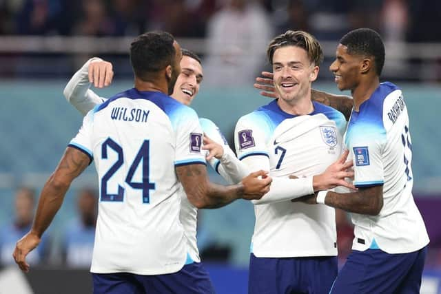 England's Jack Grealish celebrates with Marcus Rashford, Phil Foden and Callum Wilson.