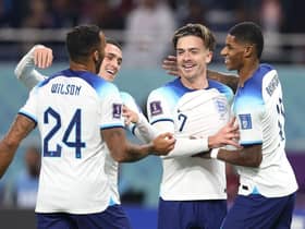 England's Jack Grealish celebrates with Marcus Rashford, Phil Foden and Callum Wilson.