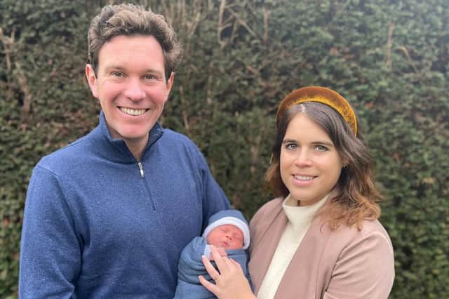 Princess Eugenie and Jack Brooksbank. Undated handout photo issued by Buckingham Palace of Princess Eugenie and Mr Jack Brooksbank with their son August Philip Hawke Brooksbank. The boy was born at The Portland Hospital in central London on Tuesday February 9.