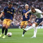LONDON, ENGLAND - OCTOBER 23: Harry Kane of Spurs shoots at goal during the Premier League match between Tottenham Hotspur and Newcastle United at Tottenham Hotspur Stadium on October 23, 2022 in London, England. (Photo by Julian Finney/Getty Images)