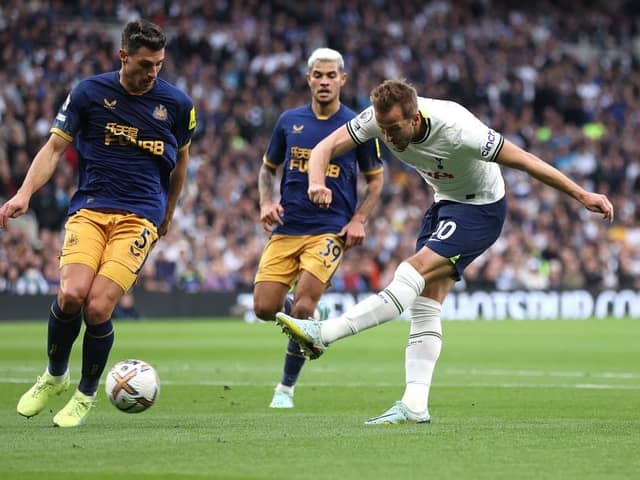 LONDON, ENGLAND - OCTOBER 23: Harry Kane of Spurs shoots at goal during the Premier League match between Tottenham Hotspur and Newcastle United at Tottenham Hotspur Stadium on October 23, 2022 in London, England. (Photo by Julian Finney/Getty Images)