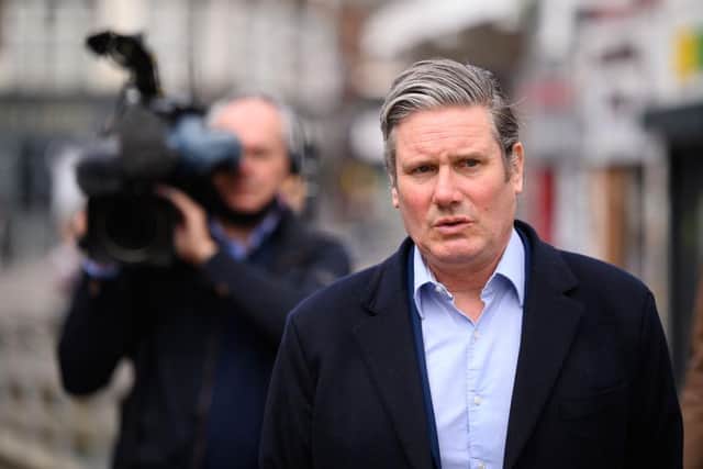 Labour Party leader Keir Starmer visits a shopping precinct to highlight the party's policies on fighting crime, on April 09, 2021 in Bedford, England.