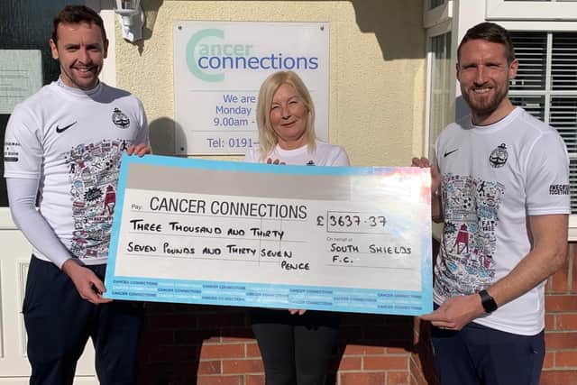 Cancer Connections manager Deborah Roberts with South Shields FC captain Blair Adams, left, and player-assistant manager Jon Shaw, right