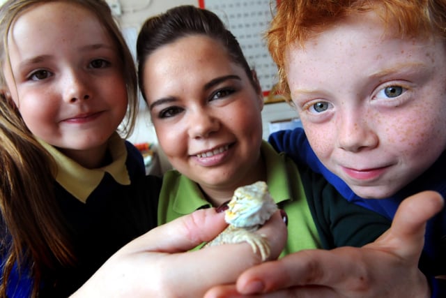 Pets at Home's Annouska Johnson shows a Bearded Dragon to Lord Blyton Primary School pupils Ellie Howe and Reece Matthews in 2012.