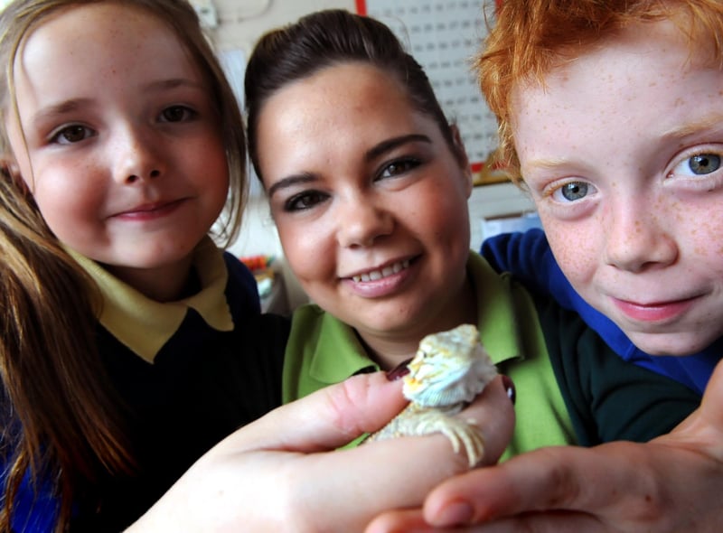 Pets at Home's Annouska Johnson shows a Bearded Dragon to Lord Blyton Primary School pupils Ellie Howe and Reece Matthews in 2012.