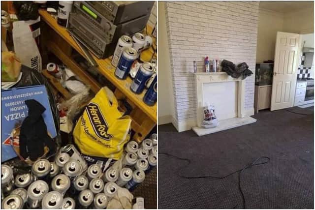 Before and after: The house was covered in the urine-filled cans before a cleaning team spent more than two hours clearing the mess.