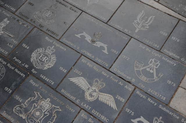 Some of the engraved flagstones in the path in the Sunderland Veterans' Walk.