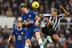 Newcastle player Bruno Guimaraes challenges Conor Gallagher of Chelsea during the Premier League match between Newcastle United and Chelsea FC at St. James Park on November 12, 2022 in Newcastle upon Tyne, England. (Photo by Stu Forster/Getty Images)