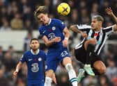 Newcastle player Bruno Guimaraes challenges Conor Gallagher of Chelsea during the Premier League match between Newcastle United and Chelsea FC at St. James Park on November 12, 2022 in Newcastle upon Tyne, England. (Photo by Stu Forster/Getty Images)