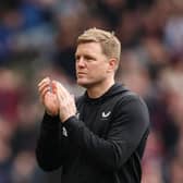 Eddie Howe, Manager of Newcastle United, applauds the fans after the team's defeat in the Premier League match between Aston Villa and Newcastle United at Villa Park on April 15, 2023 in Birmingham, England. (Photo by Dan Istitene/Getty Images)