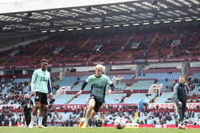 BIRMINGHAM, ENGLAND - APRIL 15: Anthony Gordon of Newcastle United controls the ball during warm up prior to the Premier League match between Aston Villa and Newcastle United at Villa Park on April 15, 2023 in Birmingham, England. (Photo by Dan Istitene/Getty Images)