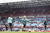 BIRMINGHAM, ENGLAND - APRIL 15: Anthony Gordon of Newcastle United controls the ball during warm up prior to the Premier League match between Aston Villa and Newcastle United at Villa Park on April 15, 2023 in Birmingham, England. (Photo by Dan Istitene/Getty Images)